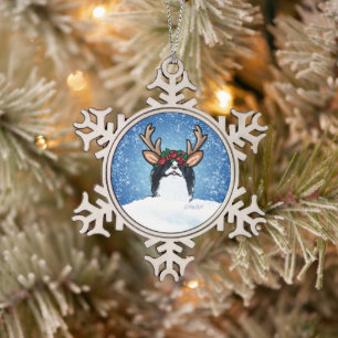 Japanese Chin Reindeer Snowflake Pewter Christmas Ornament