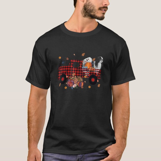Japanese Chin Riding Truck Pumpkin Autumn Leaves F T-Shirt (Front)
