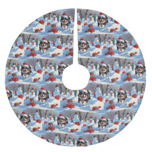 Japanese Chin Running in Snow with Christmas Hat Brushed Polyester Tree Skirt