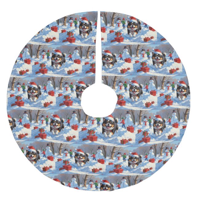 Japanese Chin Running in Snow with Christmas Hat Brushed Polyester Tree Skirt (Front)