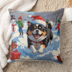 Japanese Chin Running in Snow with Christmas Hat Cushion