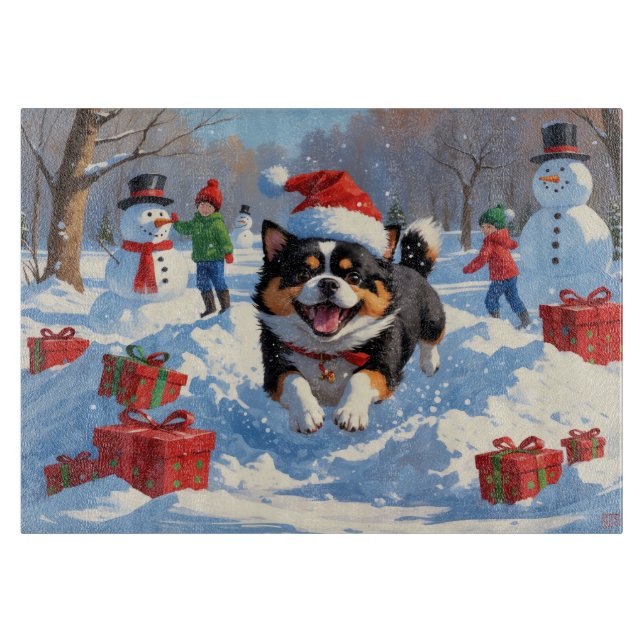 Japanese Chin Running in Snow with Christmas Hat Cutting Board (Front)