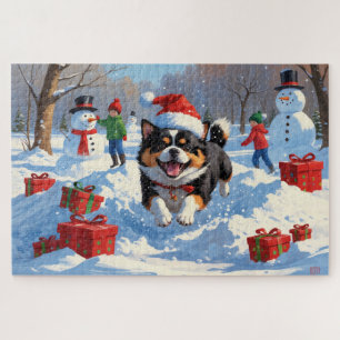 Japanese Chin Running in Snow with Christmas Hat Jigsaw Puzzle