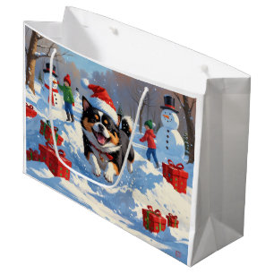 Japanese Chin Running in Snow with Christmas Hat Large Gift Bag