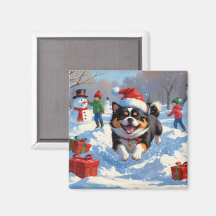 Japanese Chin Running in Snow with Christmas Hat Magnet