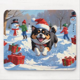 Japanese Chin Running in Snow with Christmas Hat Mouse Mat