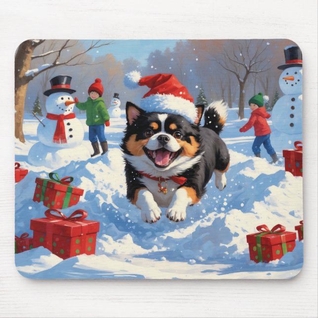 Japanese Chin Running in Snow with Christmas Hat Mouse Mat (Front)