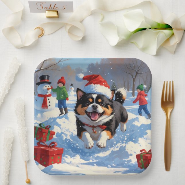 Japanese Chin Running in Snow with Christmas Hat Paper Plate (Wedding)