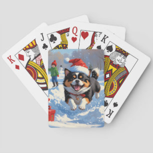 Japanese Chin Running in Snow with Christmas Hat Playing Cards