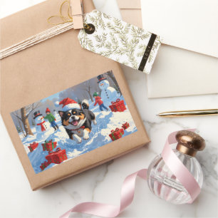 Japanese Chin Running in Snow with Christmas Hat Rectangular Sticker