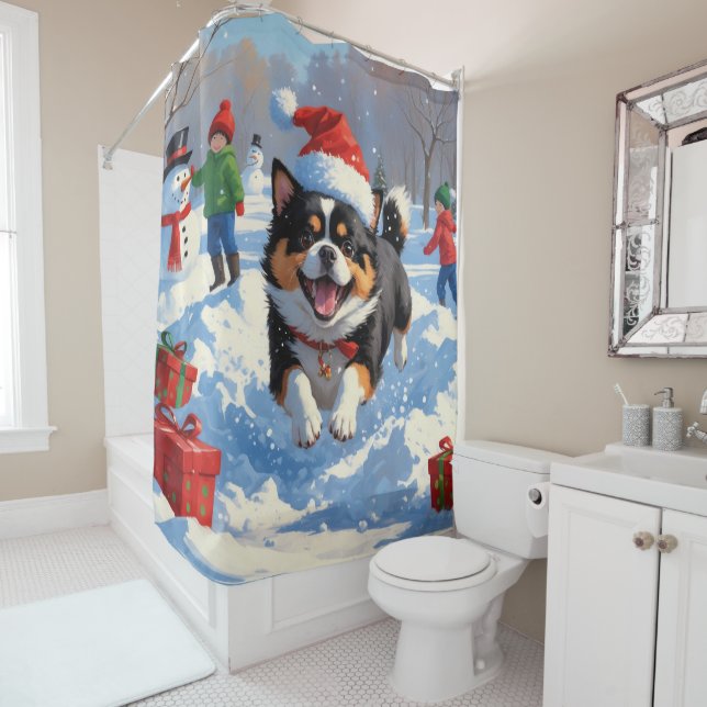 Japanese Chin Running in Snow with Christmas Hat Shower Curtain (In Situ)