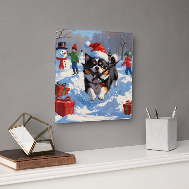 Japanese Chin Running in Snow with Christmas Hat Square Wall Clock (Office)