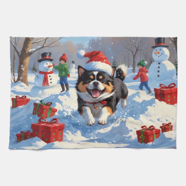 Japanese Chin Running in Snow with Christmas Hat Tea Towel (Horizontal)