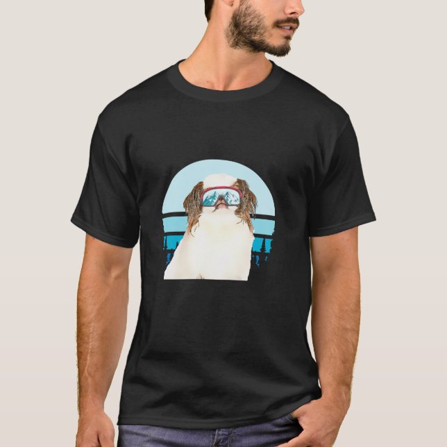 Japanese Chin Skiing Winter Mountain Ski Dog Lover T-Shirt (Front)