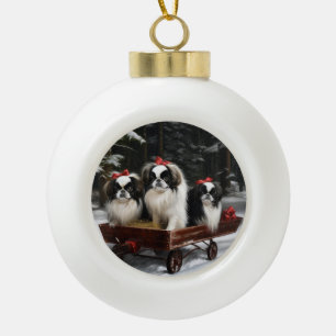 Japanese Chin Snowy Sleigh Christmas Decor Ceramic Ball Christmas Ornament