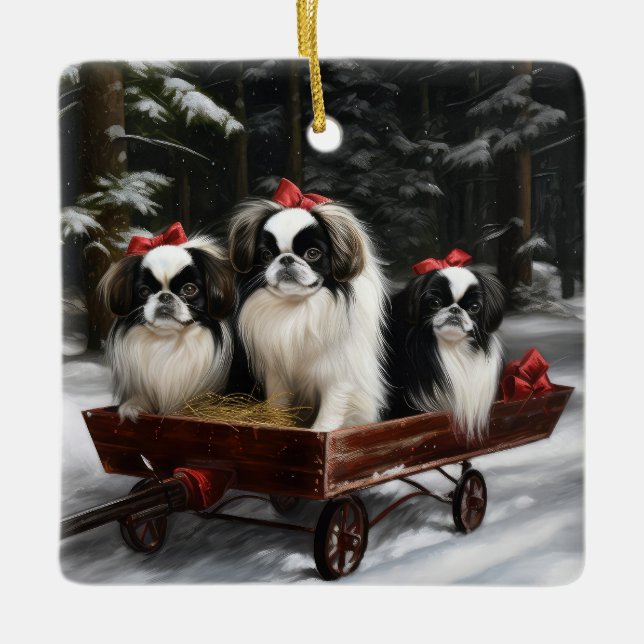 Japanese Chin Snowy Sleigh Christmas Decor Ceramic Ornament (Front)