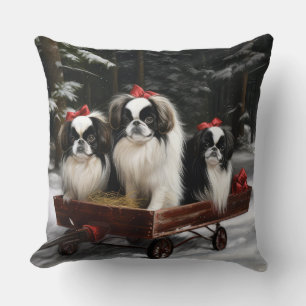 Japanese Chin Snowy Sleigh Christmas Decor Cushion