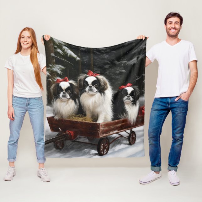 Japanese Chin Snowy Sleigh Christmas Decor Fleece Blanket (In Situ)