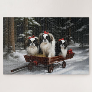 Japanese Chin Snowy Sleigh Christmas Decor Jigsaw Puzzle
