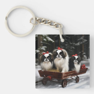 Japanese Chin Snowy Sleigh Christmas Decor Key Ring
