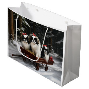 Japanese Chin Snowy Sleigh Christmas Decor Large Gift Bag