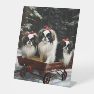 Japanese Chin Snowy Sleigh Christmas Decor Pedestal Sign