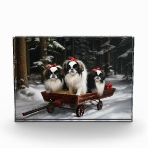 Japanese Chin Snowy Sleigh Christmas Decor Photo Block