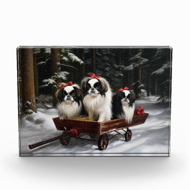 Japanese Chin Snowy Sleigh Christmas Decor Photo Block (Front)