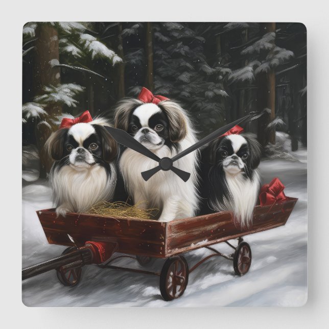Japanese Chin Snowy Sleigh Christmas Decor Square Wall Clock (Front)