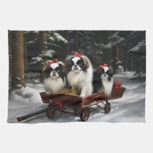 Japanese Chin Snowy Sleigh Christmas Decor Tea Towel