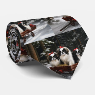 Japanese Chin Snowy Sleigh Christmas Decor Tie
