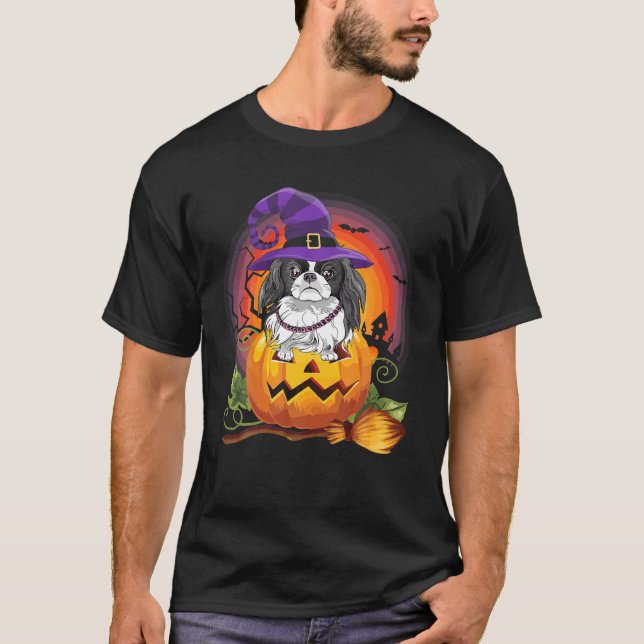 Japanese Chin Witch Pumpkin Halloween Dog Lover T-Shirt (Front)