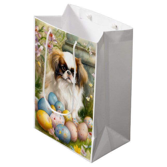 Japanese Chin with Easter Eggs Medium Gift Bag (Front Angled)