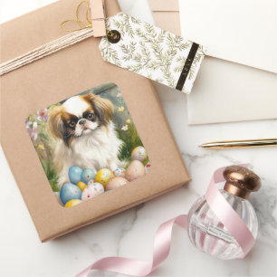 Japanese Chin with Easter Eggs Square Sticker