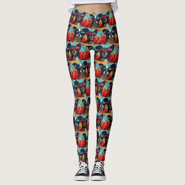 Japanese Chin with Heart Roses Valentine's Day Leggings (Front)