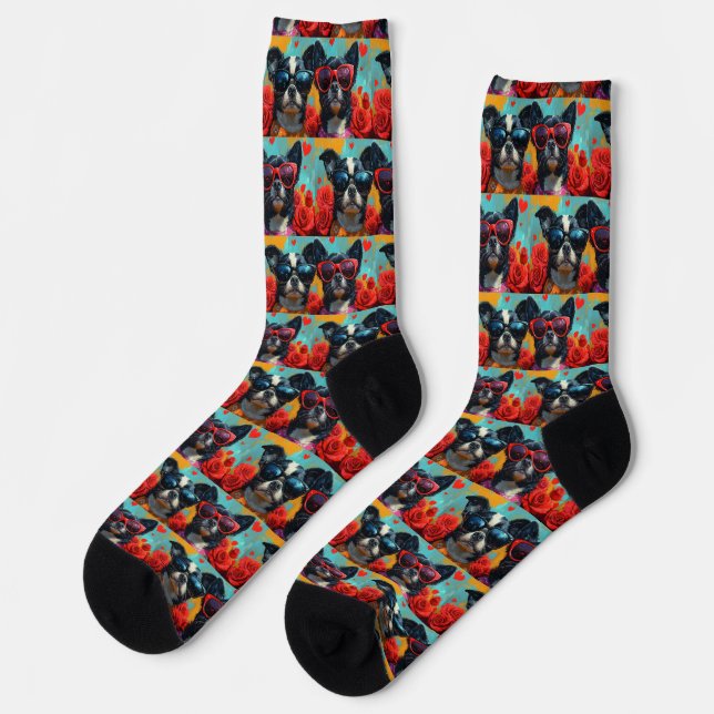 Japanese Chin with Heart Roses Valentine's Day Socks (Left)
