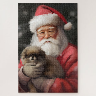 Japanese Chin With Santa Claus Festive Christmas Jigsaw Puzzle