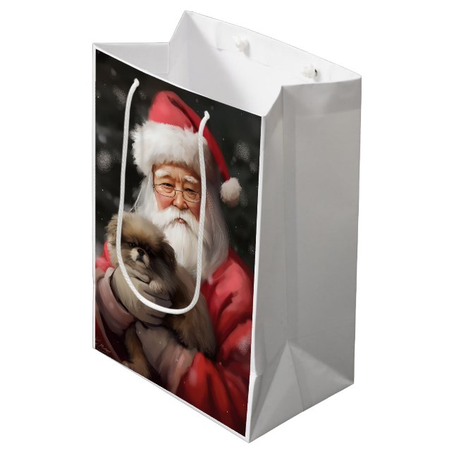 Japanese Chin With Santa Claus Festive Christmas Medium Gift Bag (Front Angled)