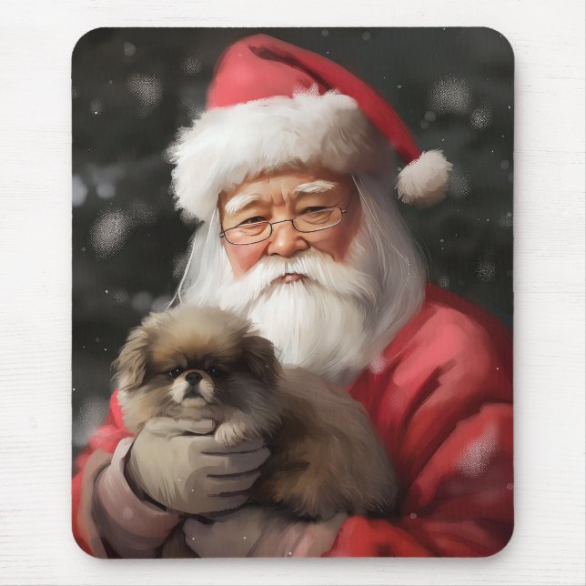 Japanese Chin With Santa Claus Festive Christmas Mouse Mat (Front)