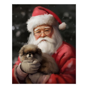 Japanese Chin With Santa Claus Festive Christmas Poster