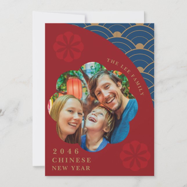 Japanese Chinese Red and Blue Lunar New Year Card (Front)