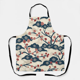 Japanese Chiyogami Ume Red Coral Indigo Cream Apron