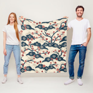 Japanese Chiyogami Ume Red Coral Indigo Cream Fleece Blanket