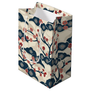 Japanese Chiyogami Ume Red Coral Indigo Cream Medium Gift Bag