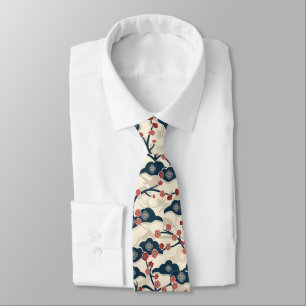 Japanese Chiyogami Ume Red Coral Indigo Cream Tie
