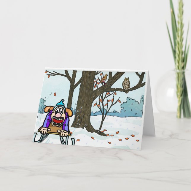 Japanese Christmas Snow Sled & Birds Holiday Card (Front)