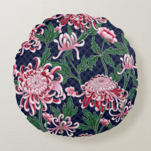 Japanese Chrysanthemum Peonies Vintage Pattern Round Cushion