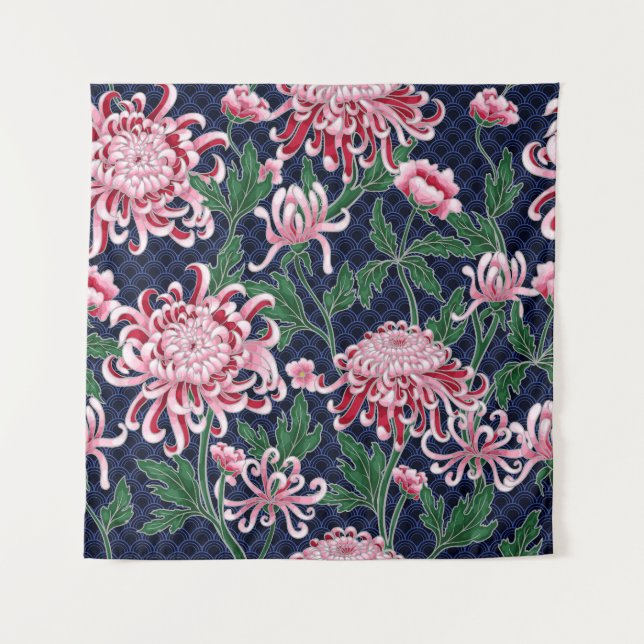 Japanese Chrysanthemum Peonies Vintage Pattern Tapestry (Front)