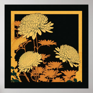 Japanese chrysanthemum print   black & gold