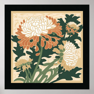 Japanese chrysanthemum print   green & orange